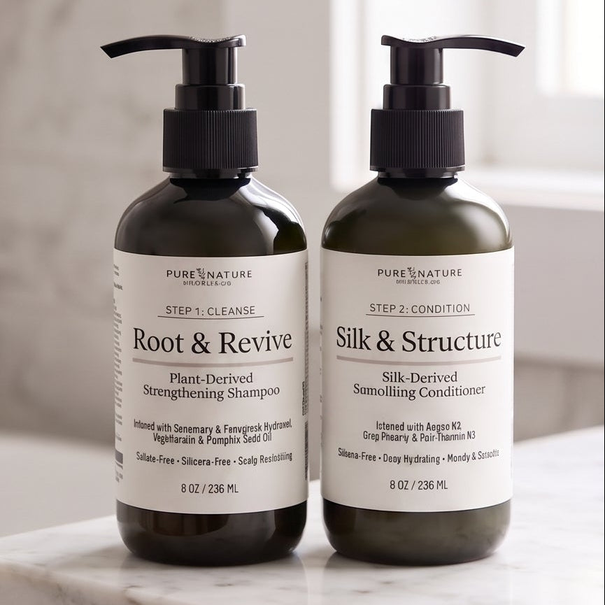 A four-panel collage showing hair care products: two dark pump bottles labeled Root & Revive and Silk & Structure, a hand holding a dollop of cream from one bottle, and the bottles on a marble surface with rolled towels and herbs in the background.