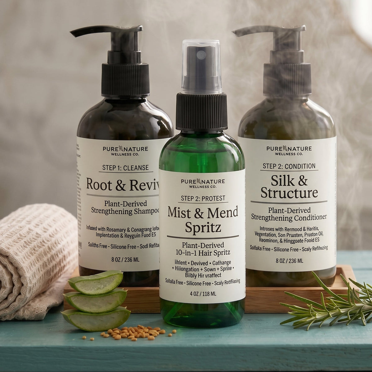 Three Pure Nature hair care bottles arranged on a teal surface with natural props: a beige towel, green leaves, seeds, and rosemary. The center bottle is mist spray, flanked by root & review shampoo and silk & structure conditioners.