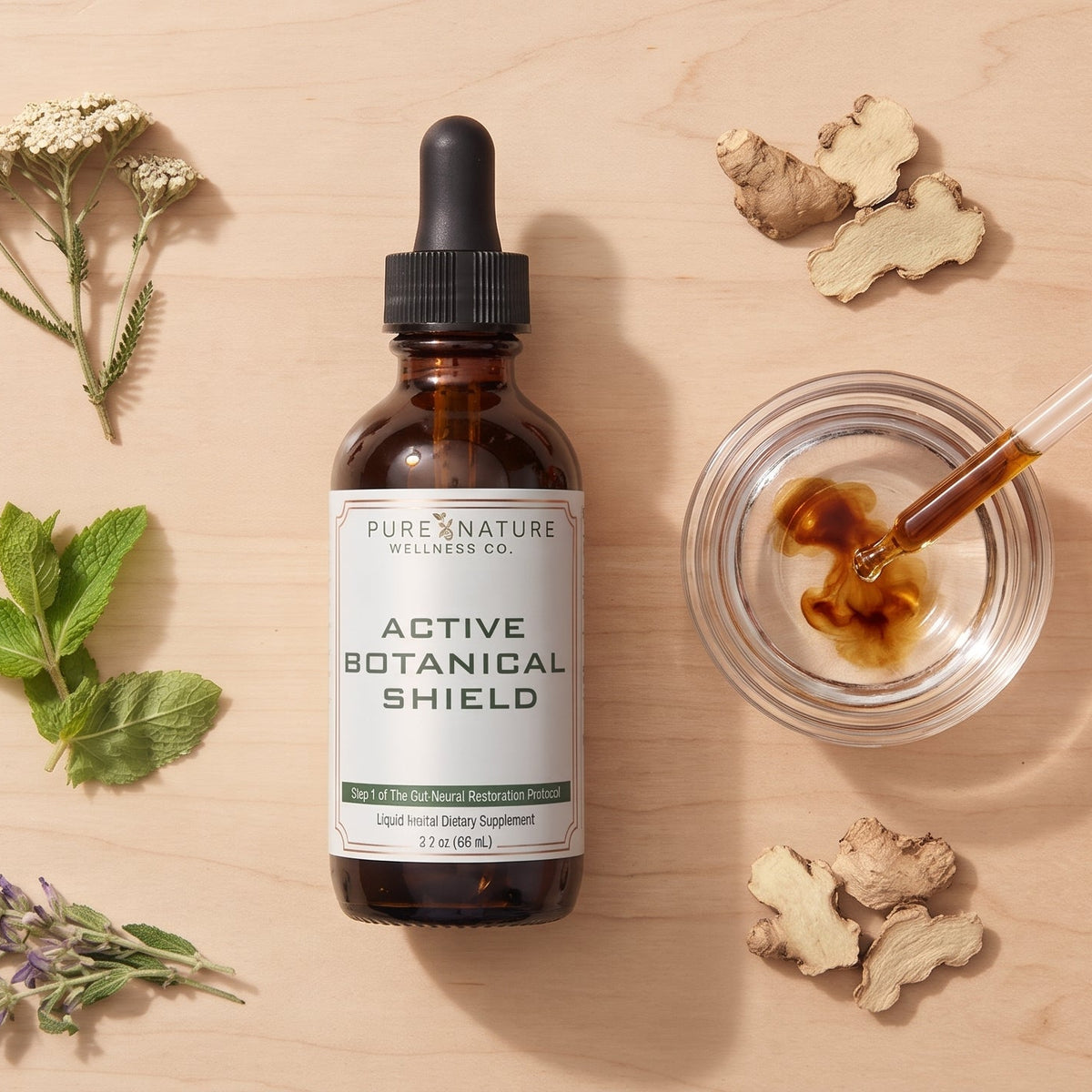 gut health tincture with yarrow, ginger, skullcap cramp bark