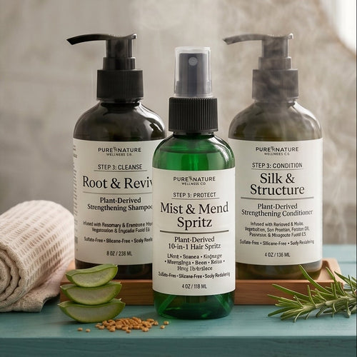 several hair care bottles from Pure Nature's Step 1 Cleanse line, including Root & Revive shampoo, Silk & Structure conditioner, and Mint & Mood Spritz, styled on a white background and on a marble countertop with herbs and sliced cucumber.