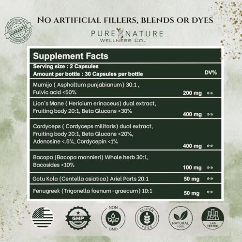Focus + Energy + Performance Support-6-in-1 Mushroom Nootropic & Mitochondrial Complex-Advanced Brain Supplement-Natural Energy-Caffeine Free Biohack with Lion’s Mane,Cordyceps,Mumijo,Fenugreek