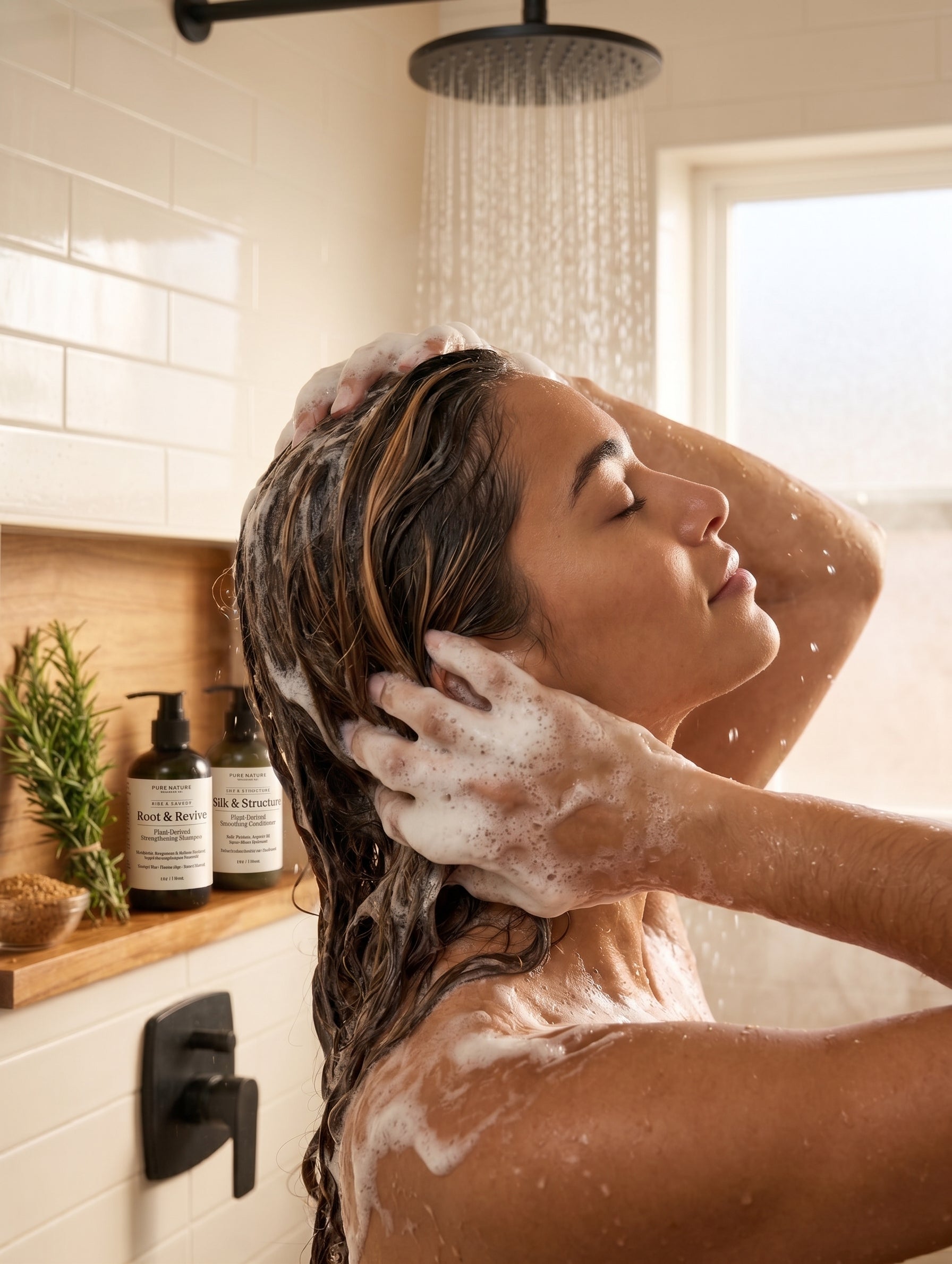 A woman with long, wet, soapy hair washes her hair in a bright bathroom under a shower head. Two black-and-white shampoo bottles sit on a wooden shelf in the background.