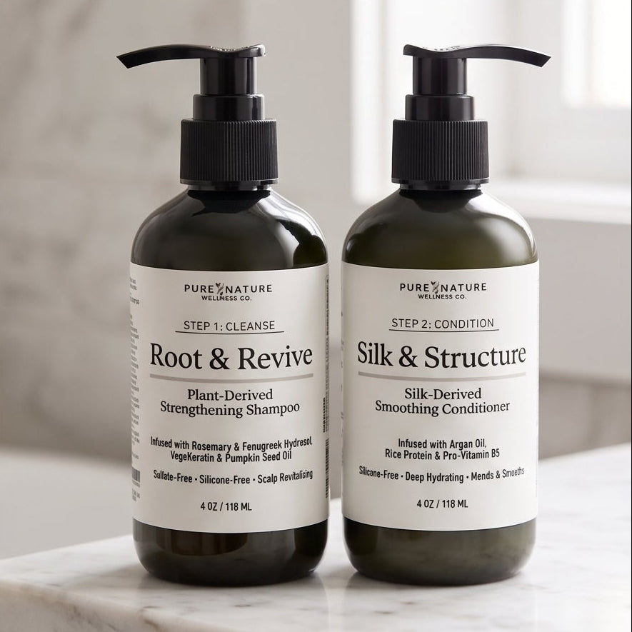 Four-panel collage showing dark green pump bottles of haircare products labeled Root & Revive and Silk & Structure, with one panel showing a hand dispensing cream onto a hand.