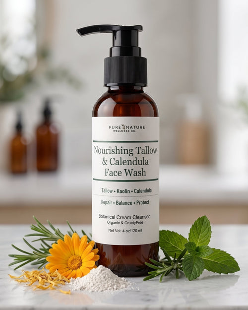 A bottle of Pure Nature Washroom Co Nourishing Tallow & Calendula Face Wash stands on a marble surface with botanical ingredients like rosemary, calendula, and mint, alongside a yellow flower and powder. The background is a softly blurred bathroom setting.